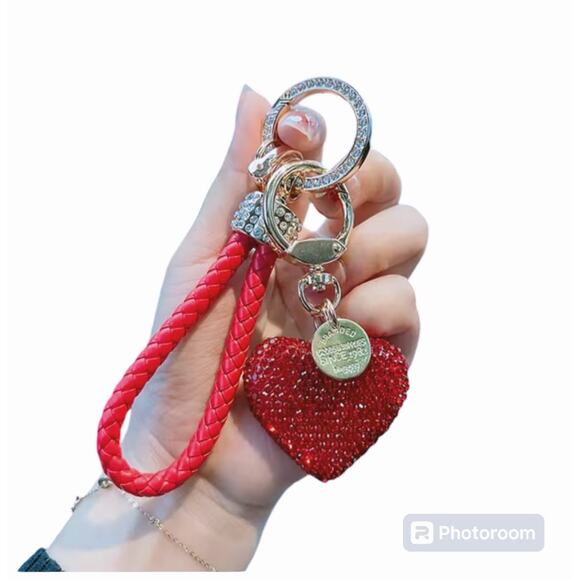 Unbranded Accessories - Cute key chain full dismond studded leather rope cross-border heart-shaped red